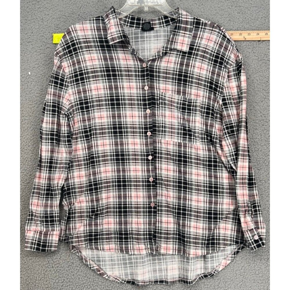 Rue 21 Women's Black/Pink Plaid Button Down Long Sleeve Stretch Shirt Size XL